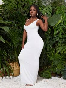 Slaydiva Đầm dệt kim Bodycon không tay màu trơn thời trang giản dị dành cho nữ - trắng - Xem 4