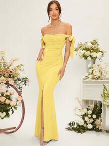 SHEIN Belle Váy phù dâu tay phồng trễ vai có chi tiết nút thắt dành cho nữ - Màu vàng - Xem 3