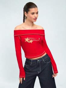 Forever 21 女性雙肩露出星星刺繡長袖t恤 - 紅色 - 查看 4