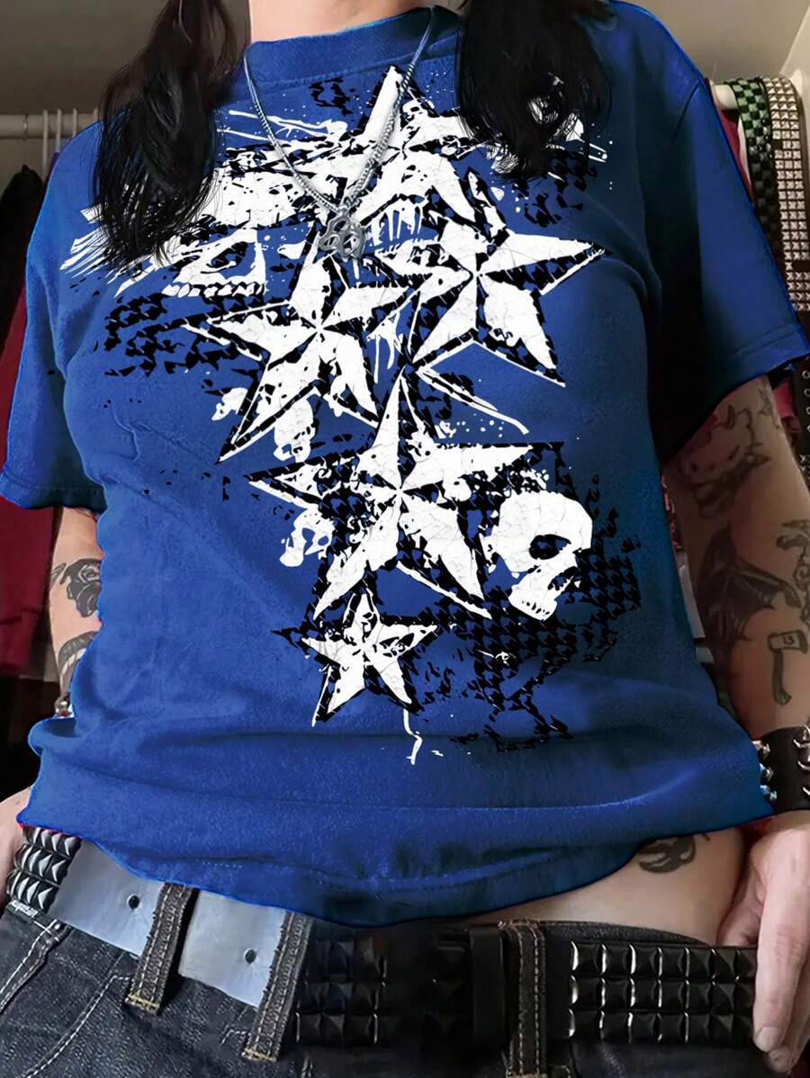 INAWLY Women's Skeleton & Star Print T-Shirt Graphic Tees Women Tops - Blue - View 1