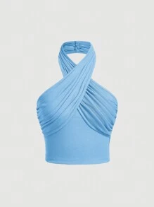 SHEIN MOD 女士纯色交叉吊带背心 - 淺藍色 - 查看 1