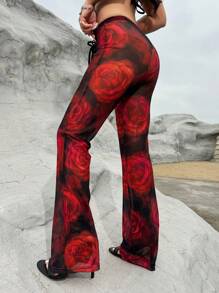 VaVaBold Rose Print Mesh Sheer Flare Pants - Multicolor - View 1
