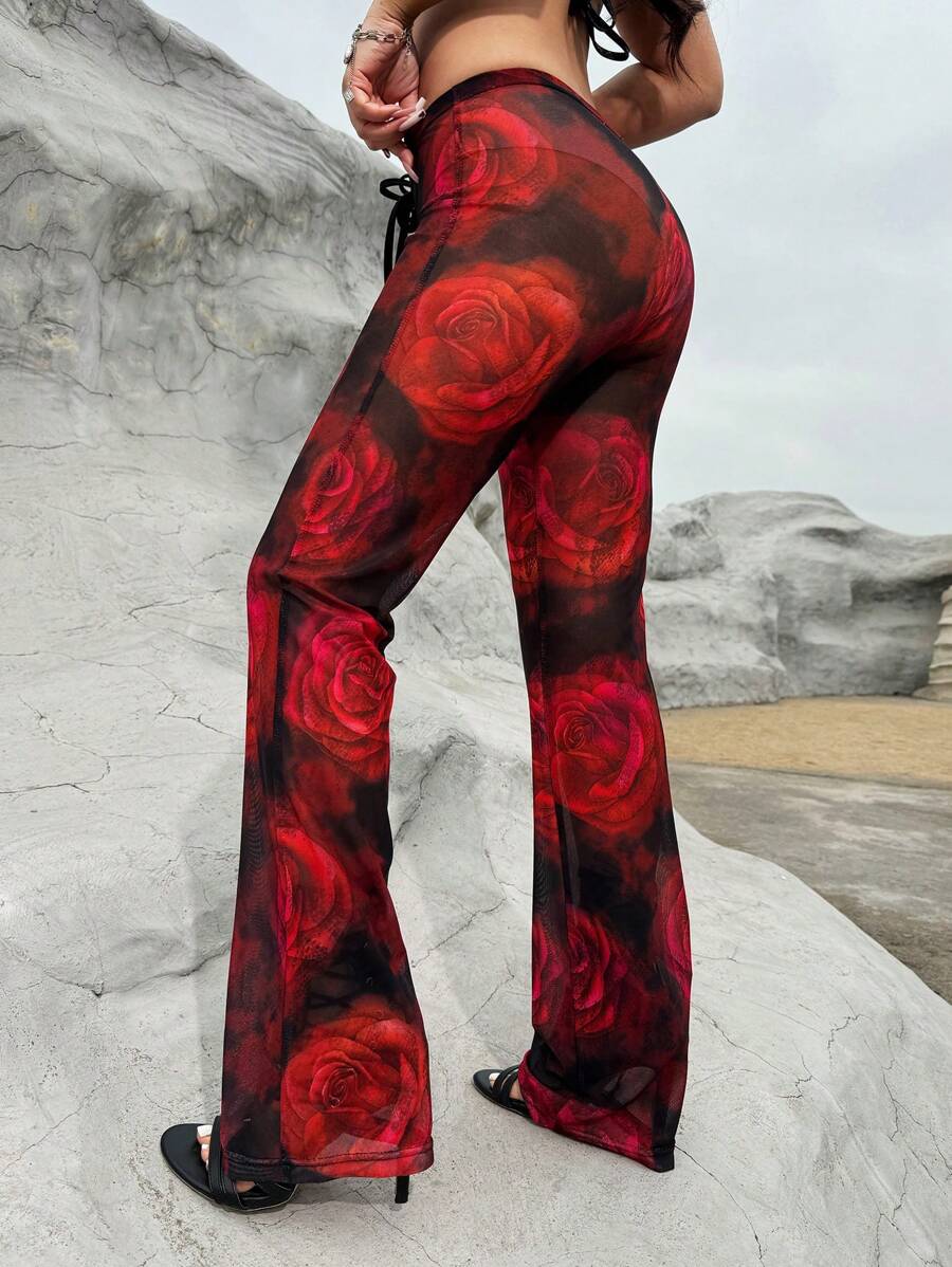 VaVaBold Rose Print Mesh Sheer Flare Pants - Multicolor - View 1