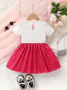 SHEIN Baby Girl Casual Elegant Vintage Cute Plaid Patchwork 2 In 1 Dress With Fun Design Suitable For Spring And Summer Outings