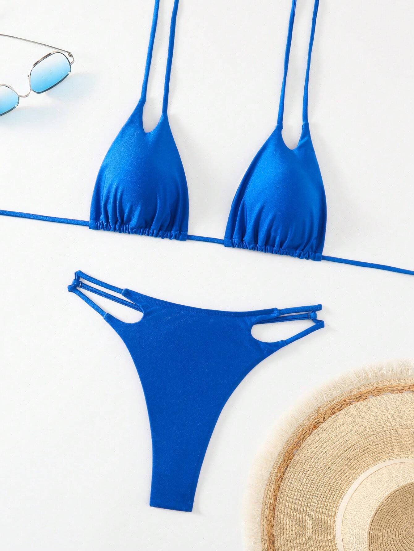 Women's Monochrome Two-Piece Swimsuit, Thong Bikini Swimwear Bathing