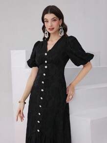 Modelyn Ladies' Solid Color Jacquard Bubble Sleeve Front Buttoned Dress Long Evening Dresses