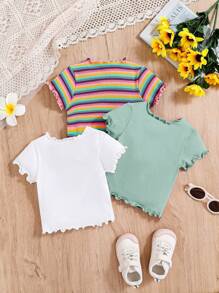 SHEIN 嬰兒女寶寶3入組夏季休閒套裝,彩色條紋印花和花卉圖案短袖上衣 - 綠色 - 查看 2