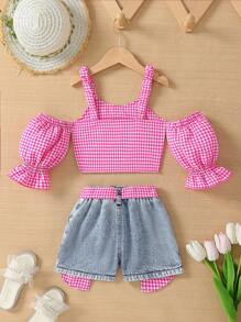 SHEIN Young Girl Plaid Open Shoulder Top And Ripped Shorts Set - Hot Pink - View 2