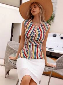 GENKIRA Color Block Striped & Printed Sleeveless Shirt With Asymmetric Hem - Multicolor - View 3