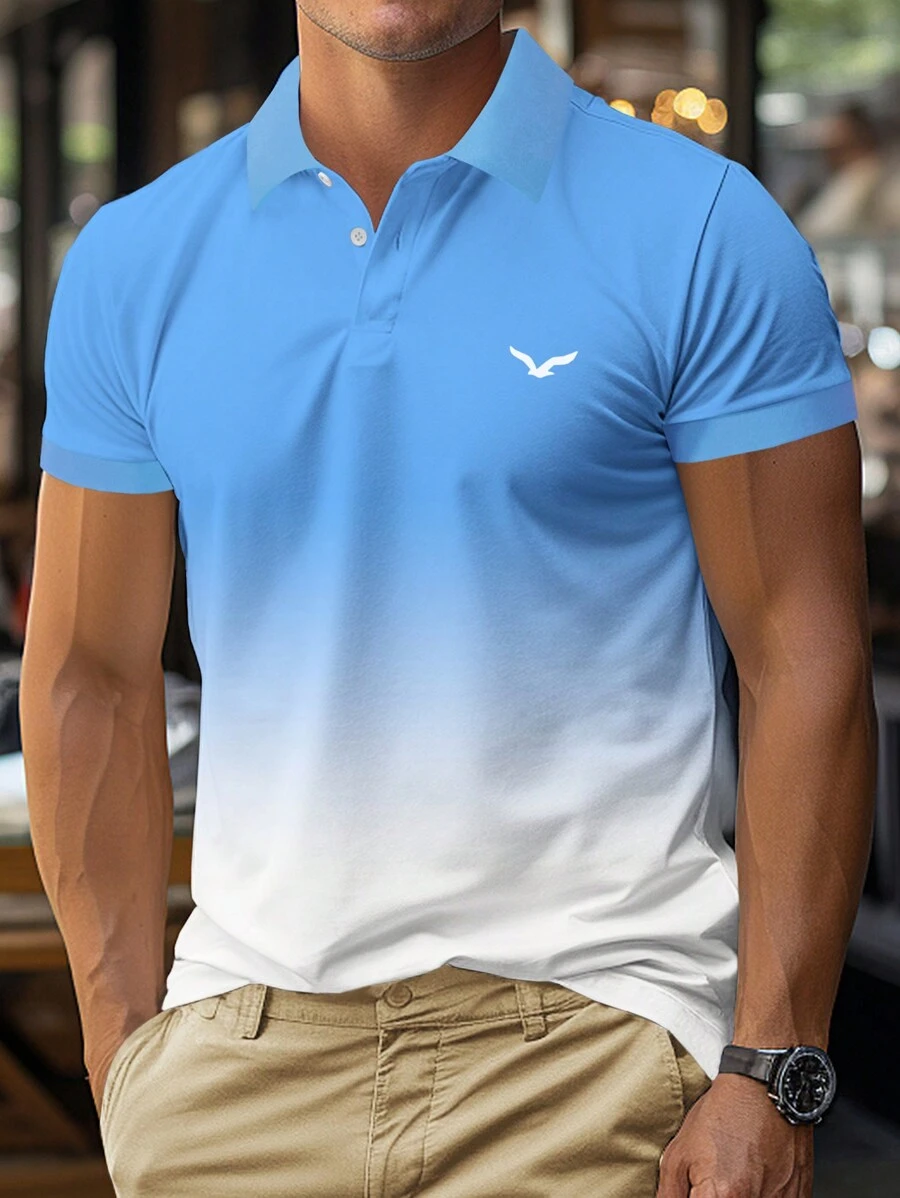 Manfinity Homme Men's Gradient Color Seagull Printed Short Sleeve Polo Shirt - Blue - View 1