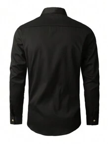 Calvornis Camicia casual da uomo a tinta unita con doppio petto, maniche lunghe e colletto, adatta per il lavoro, affari, autunno, formale, cerimonie - nero - Visualizzare 2
