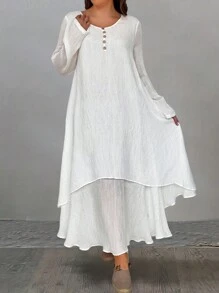 SHEIN LUNE 女士大尺碼鈕扣裝飾連衣裙 - 白色 - 查看 3