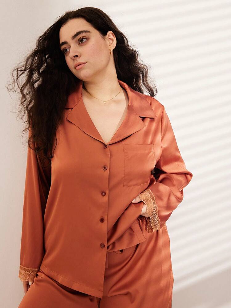 Women Plus Satin With Lace Trim Retro Long Pajama Set Lounge Set Lingerie