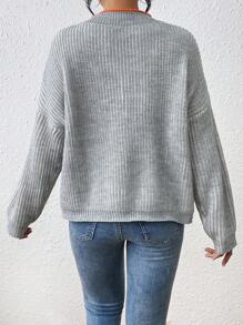 Chiquease Suéter casual con cuello en V y hombros caídos, con ribete de contraste, tejido, para otoño e invierno - Gris - Ver 2