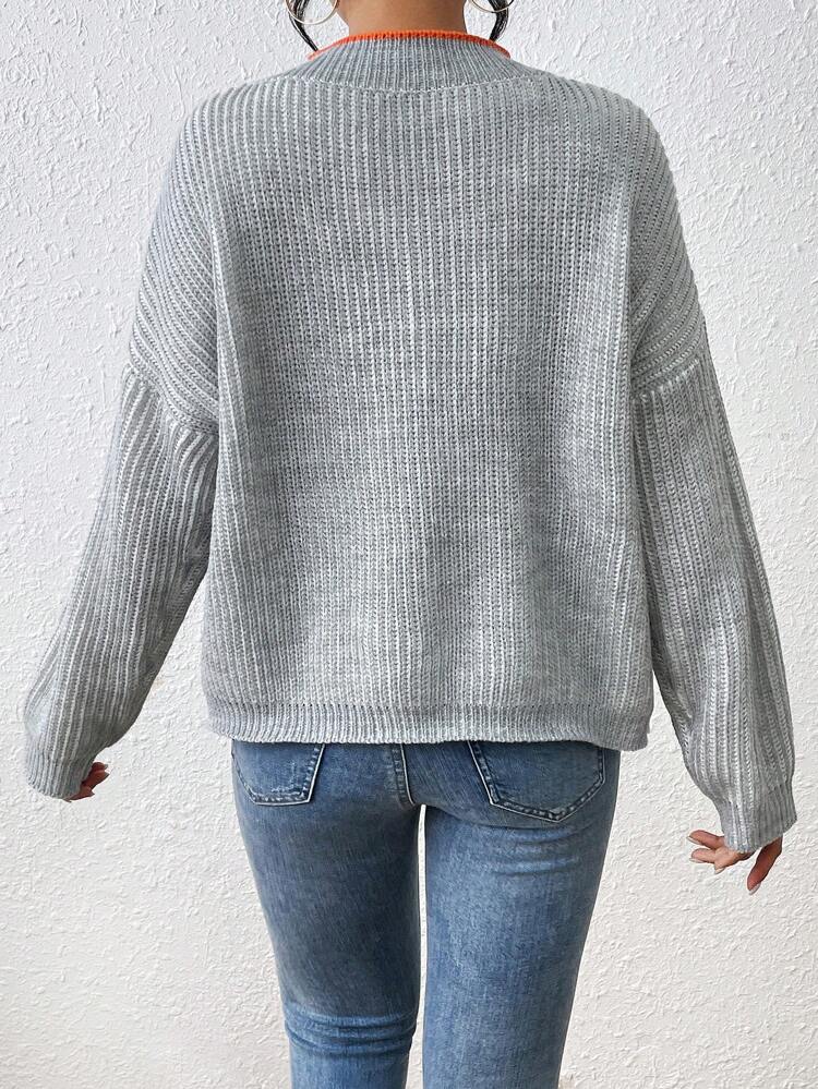 Contrast Trim V-Neck Drop Shoulder Casual Sweater, Knit Pullover Fall Winter