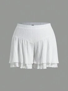 SHEIN Qutie 大碼波浪邊雙層度假短褲 - 白色 - 查看 1