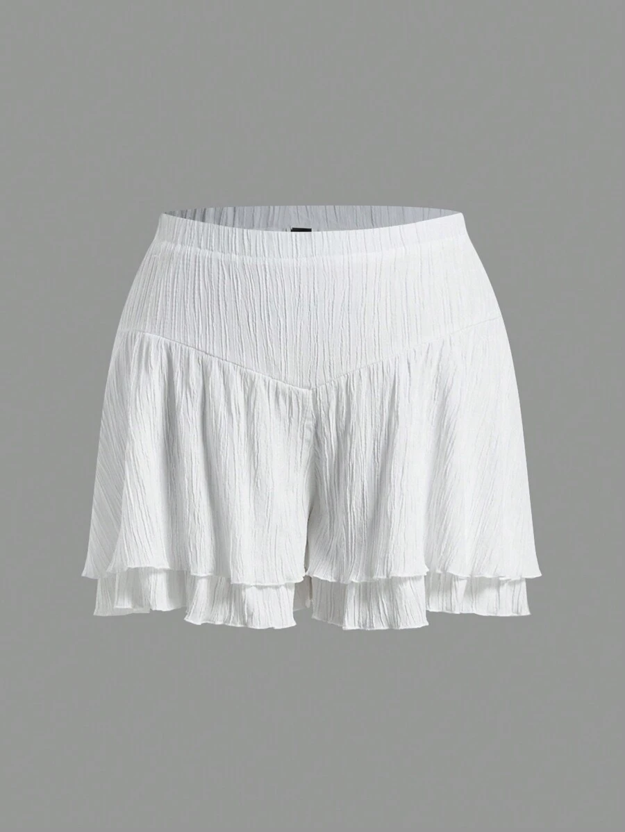 SHEIN Qutie 大碼波浪邊雙層度假短褲 - 白色 - 查看 1