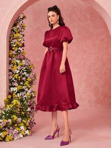 Modelyn Đầm dạ hội dài cổ tròn tay bồng bèo nhún màu trơn - Đỏ - Xem 6