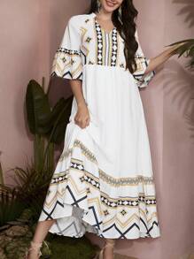 Mulvari Women's Geometric Printed Notched Neckline Dress - White - View 1