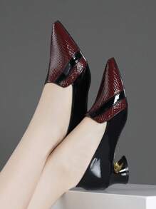 Fall/Winter Women's Color Block Comfortable Low Vamp Chunky Heel Slip-On Dress Pumps,Elegant - Burgundy - View 4