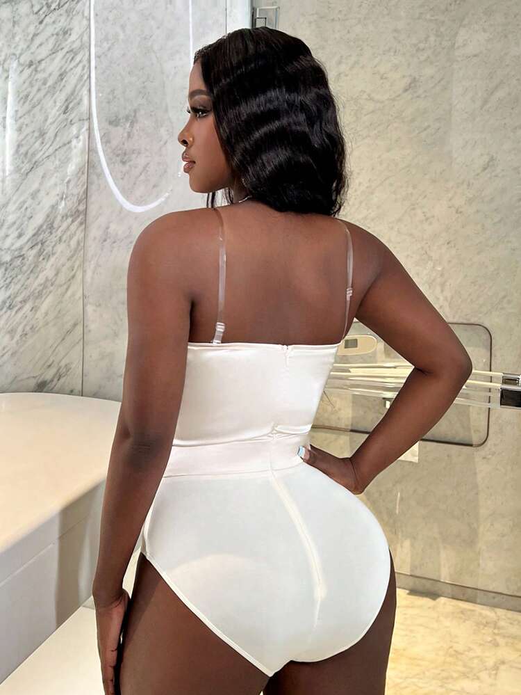 Summer Valentine's Day Tube Bra Wrapped Breast Cup Lace Spliced Satin White Apricot Color Tight Women's Bodysuit