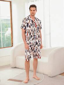 Men's Feather Pattern Printed Short Sleeve And Shorts Homewear Set - Black and White - View 6