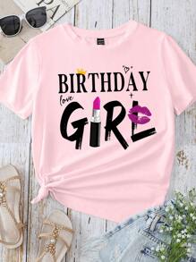 Slaydiva Birthday Girl Graphic Casual Simple Round Neck Short Sleeve Fitted Plus Size T-Shirt, Summer - Pink - View 4