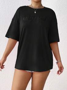 SHEIN EZwear Kích thước lớn Màu thuần Thêu Chữ Thả vai Áo thun - màu đen - Xem 4