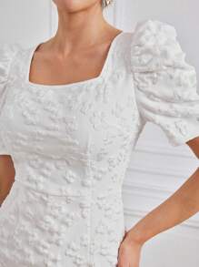 Modelyn Women's Solid Color Jacquard Square Neckline Puff Sleeve Ruffle Hem Bubble Dress - White - View 3