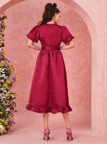 Modelyn Đầm dạ hội dài cổ tròn tay bồng bèo nhún màu trơn - Đỏ - Xem 2