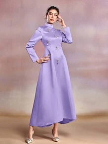 Modelyn Của phụ nữ Đứng cổ áo Ả Rập Phong cách Đầm Với Đồ trang trí Rhinestone - Màu tím hoa cà - Xem 5