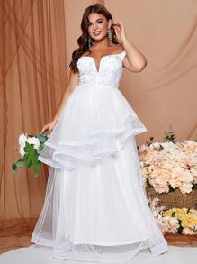 Plus Size Off Shoulder Sparkly Tulle Wedding Dress With Sequin Detail - White - View 1