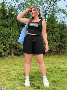 SHEIN Qutie Rozmiar Plus Damski Tęcza Serce Nadrukowany Tank Top I Zestaw majtek - Czarne - Zobacz 3