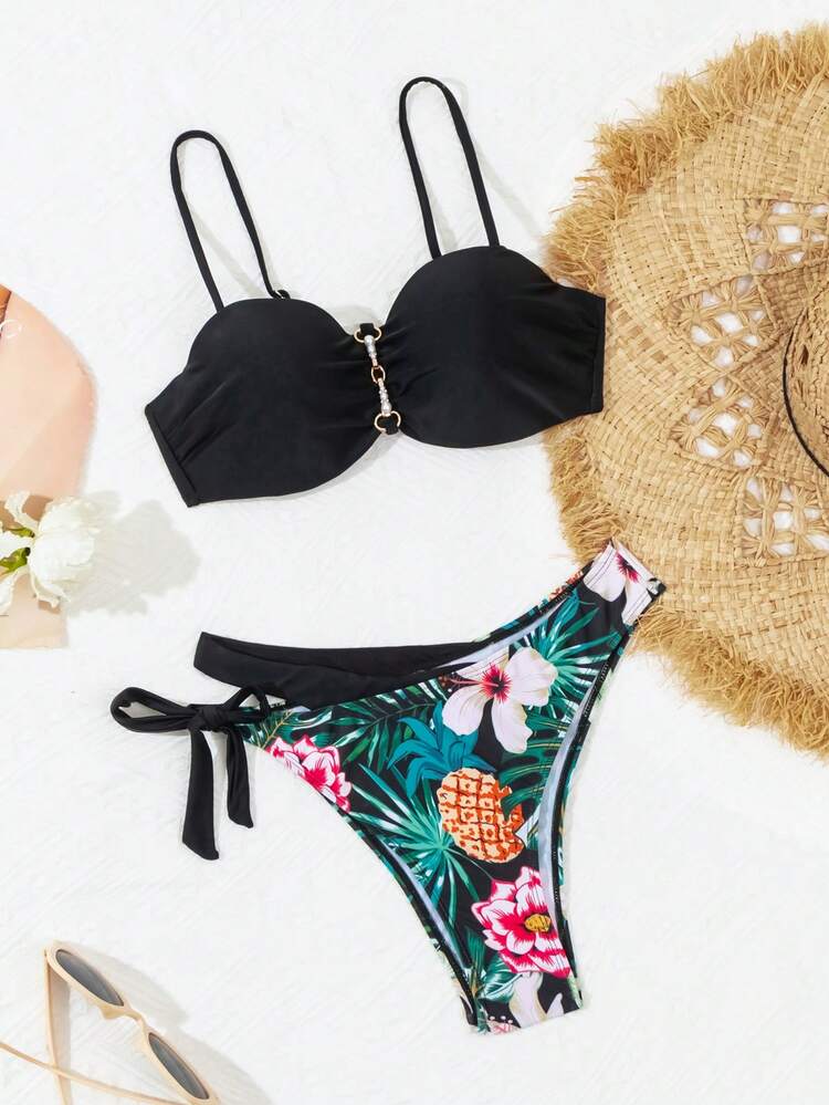 Women's Tropical Printed Bikini Set With Underwire And Ruched Detail, Bikini Set Outfit Beach Swimwear Bathing Suit Music Festival Summer Beach