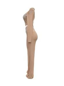 Women's Solid Color Mesh Rhinestone Sequin Long Sleeve & Long Pants 2 Pieces Set, Birthday Party, Formal Evening Gown - Apricot - View 5