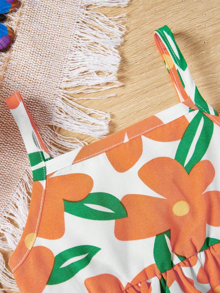 Baby Girl Summer Holiday Floral Pattern Ruffle Trim Cami Top And Schiffy Skirt Set