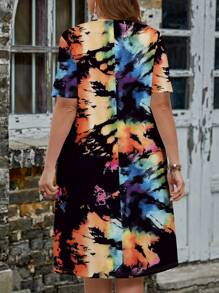 SHEIN LUNE 螢光折染圖案夏季休閒大尺碼女士連身裙