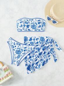 SHEIN Swim Plant Print Bandeau Bikini Set, Summer Beach - Blue and White - View 7