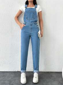 RueChic 前口袋側邊紐扣牛仔背帶褲 - 藍色 - 查看 3