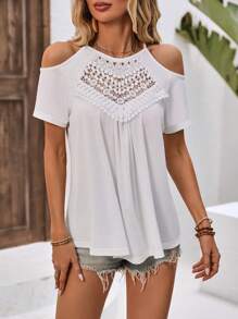 SHEIN LUNE Cold Shoulder Lace Splicing T-Shirt - White - View 5