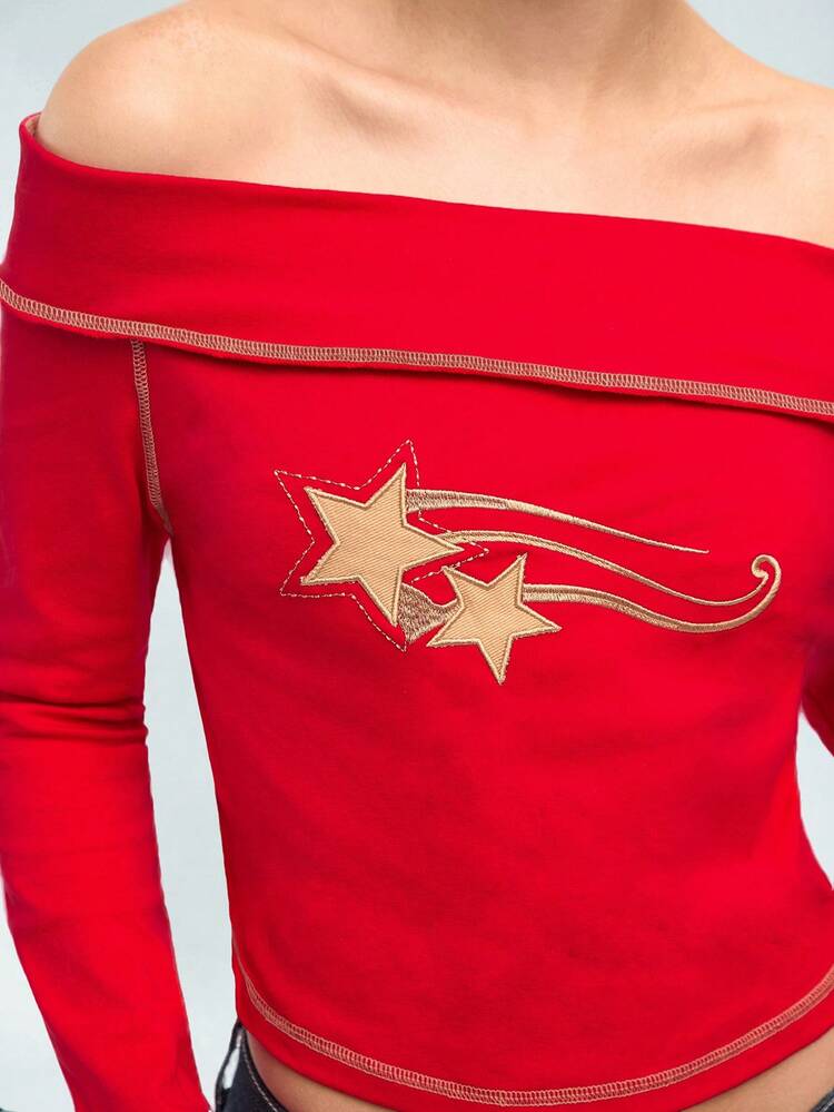 Women's Off Shoulder Star Embroidery Long Sleeve T-Shirt
