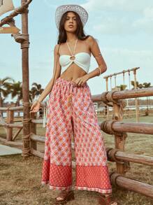 Soleia Pantalones Anchos Y Holgados Para Mujer Impresos Florales En Estilo Bohemio Casual Con Borlas Y Cordón, Perfectos Para Vacacionar - Multicolor - Ver 5