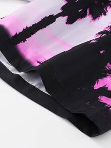 ROMWE MEN Street Life 男款度假風格椰樹&字母印花漸層短褲,適用於春季和夏季 - 黑色 - 查看 4