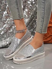 Zapatos Planos Para Mujeres Sin Cordones De Moda Con Diamantes Decorativos, Talla 43, Blancos - Plateado - Ver 2