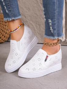 秋冬女士白色镂空花朵图案舒适坡跟厚底休闲运动鞋 - 白色 - 查看 5