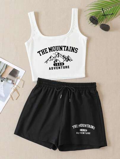 INAWLY 女性的字母山印花背心褲套裝