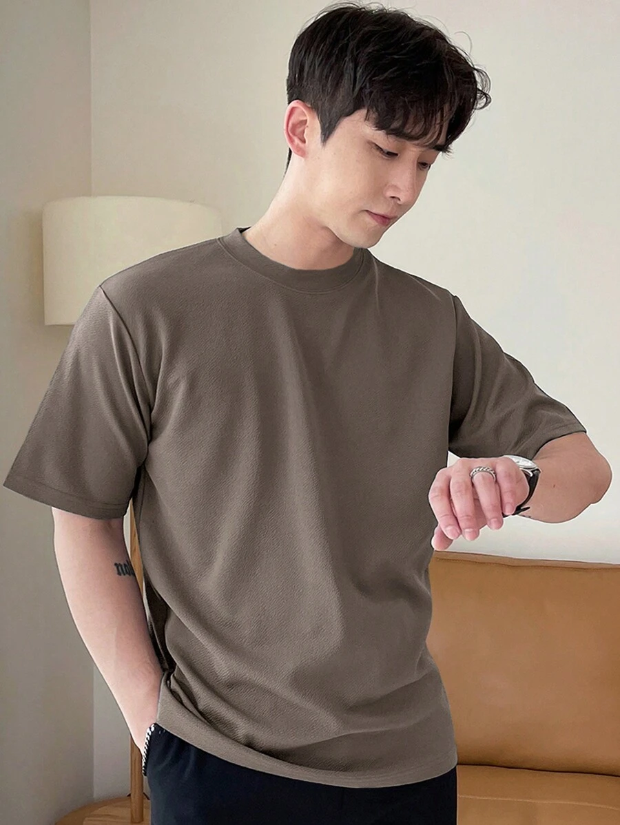 DAZY 男士纯色短袖休闲圆领T恤夏季 - 棕色 - 查看 1