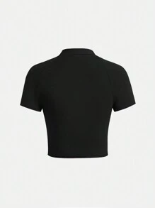 SHEIN Girlism 少女款針織字母印花拼接立領休閒t恤 - 黑色 - 查看 2