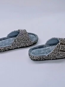 roulvxiang New Rhinestone Sequin Flat Beach Women's Casual House Slippers Outdoor Printed Party Cute Sandals Valentines