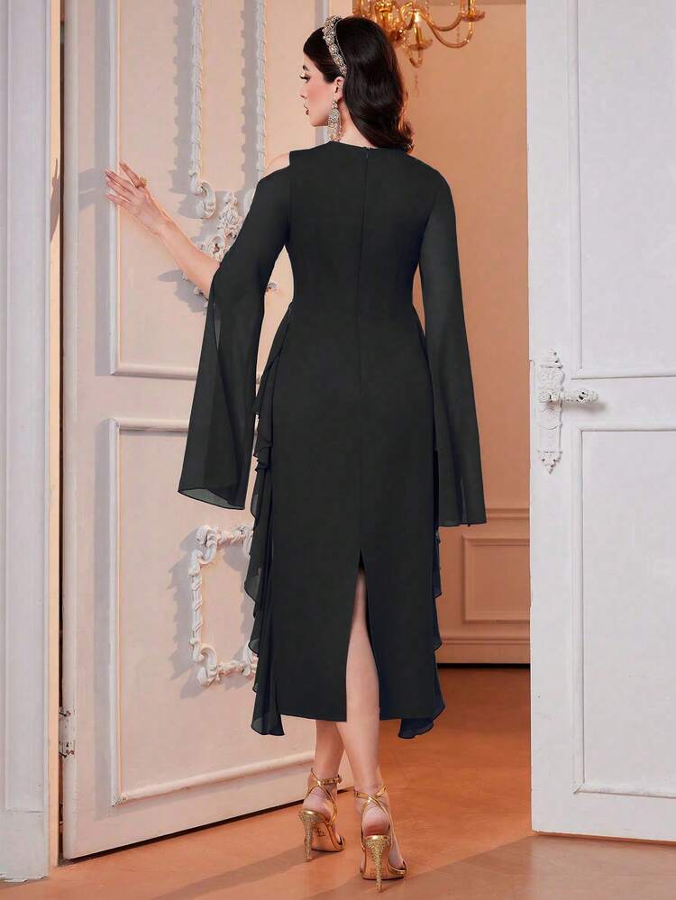Embroidered Detailing Cold Shoulder Neckline Cinching Waist Ruffle Hem Decorated Dress Long Evening Dresses
